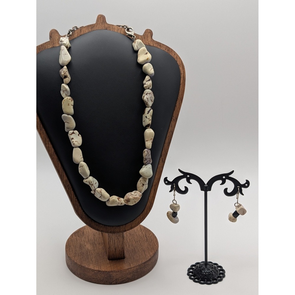 Unsigned White Turquoise Nugget Necklace and Lever Back Earring Set Boho Cream